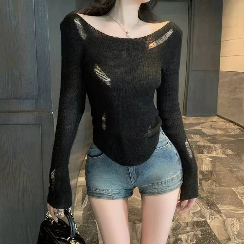 LINE-NECK HOLLOWED-OUT SUNSCREEN SWEATER