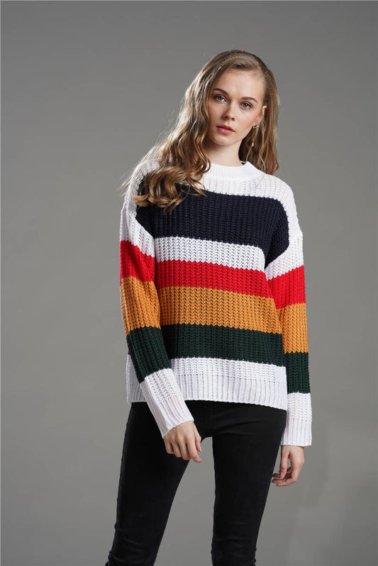 WOMEN'S LOOSE RAINBOW PATCHWORK PULLOVER SWEATER