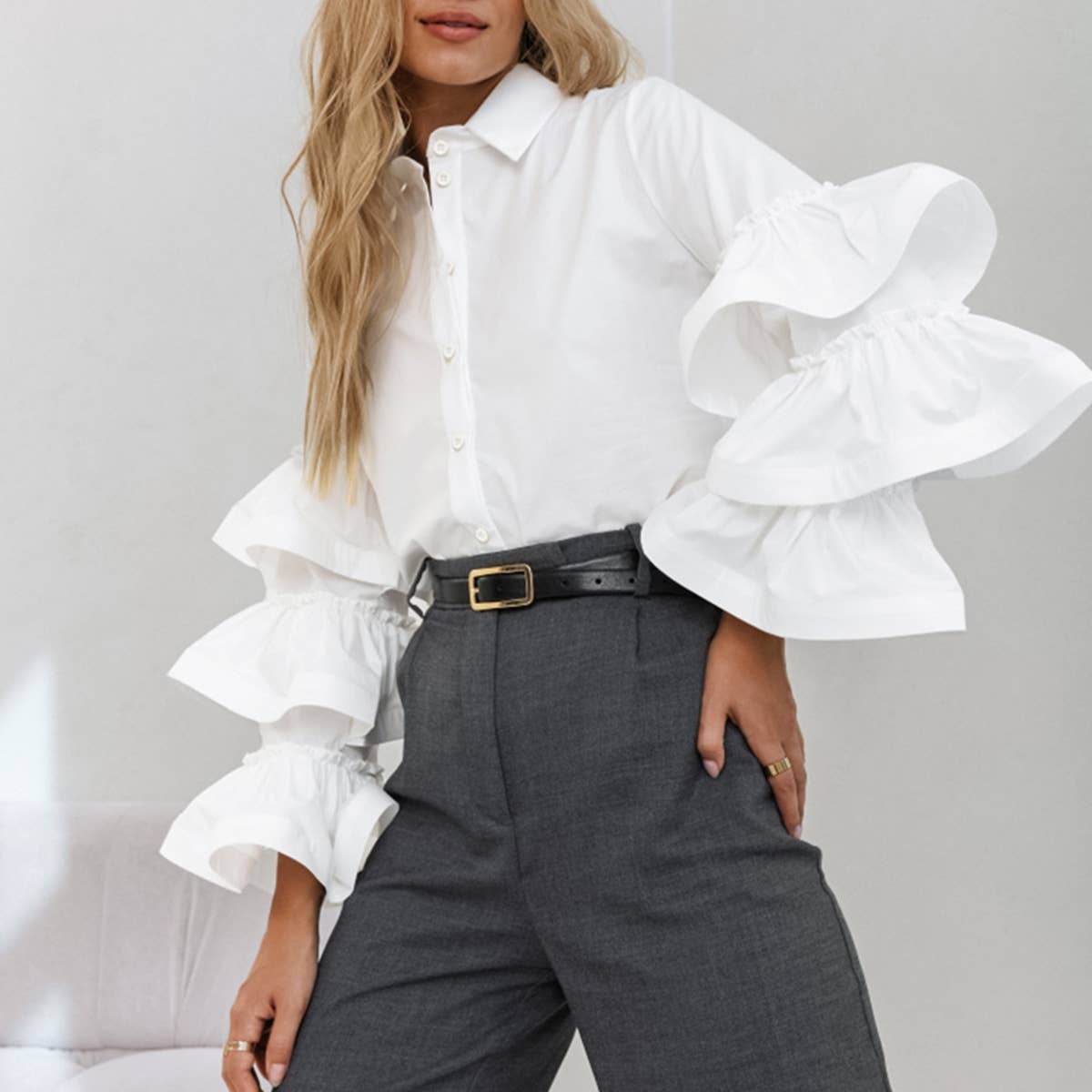SOLID COLOR RUFFLED SHIRT WITH FRENCH DESIGN