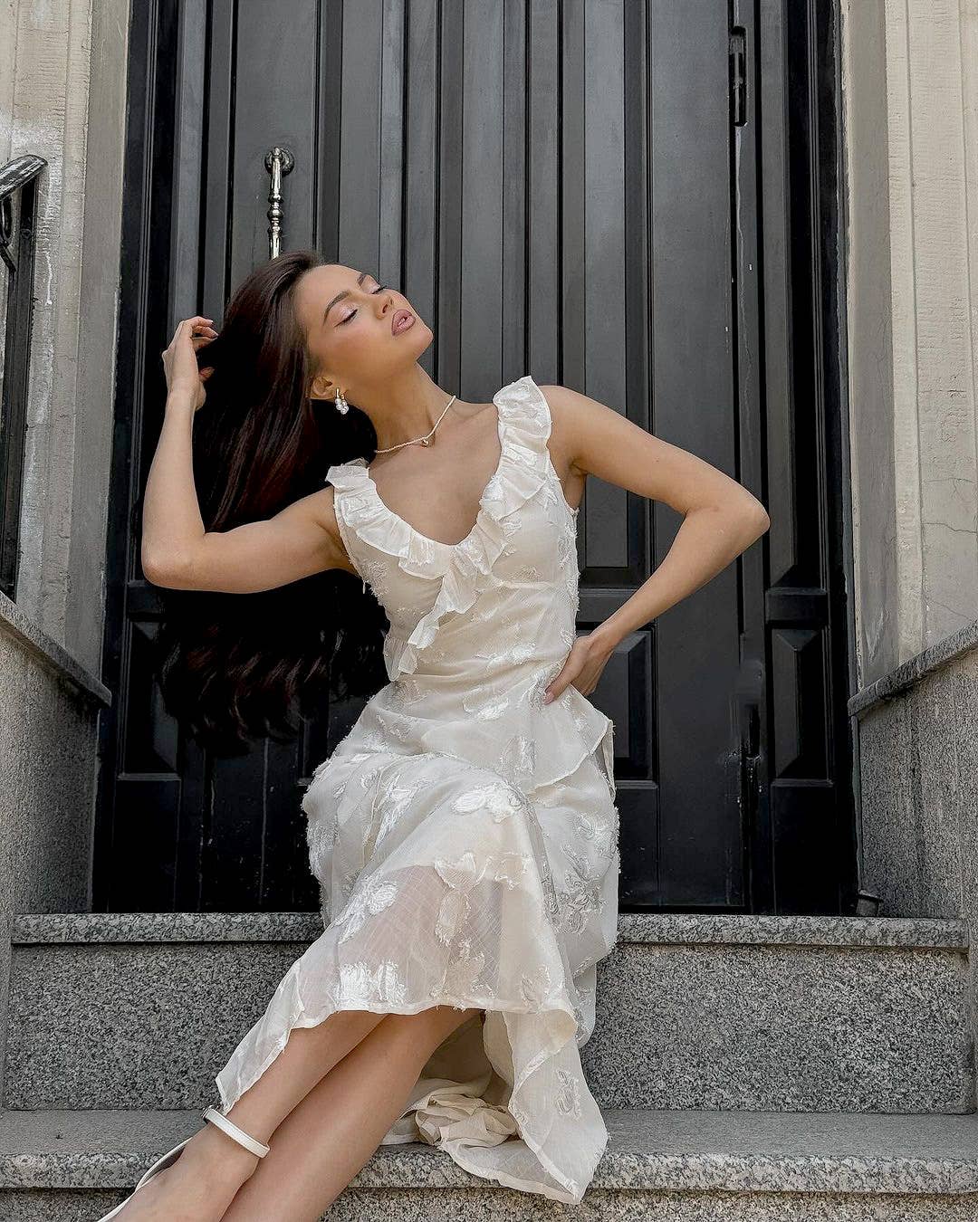 Ruffle V-neck high waist elegant fashion dress