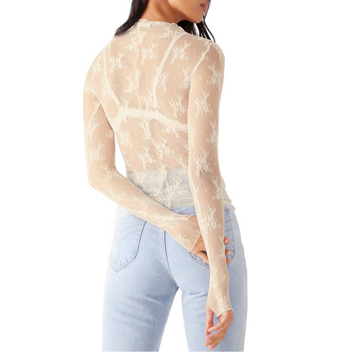 SEMI SHEER MESH LACE TOP BOTTOMING SHIRT