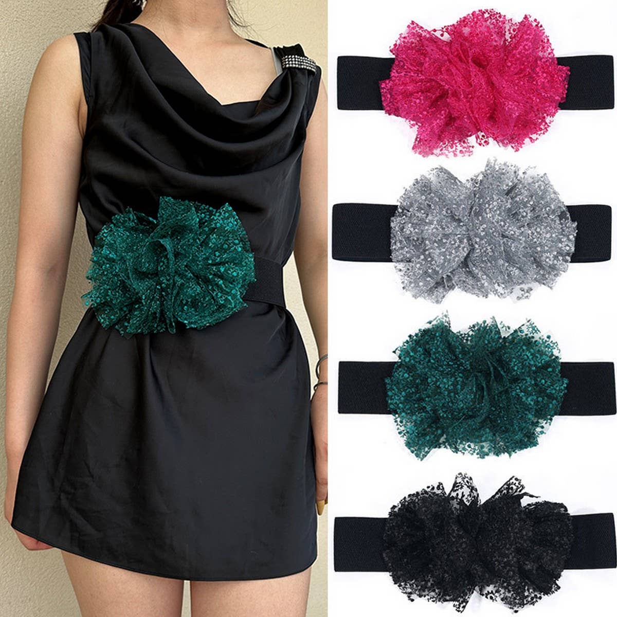 Oversized Tulle Flower Elastic Belt for Women_CWMM6423