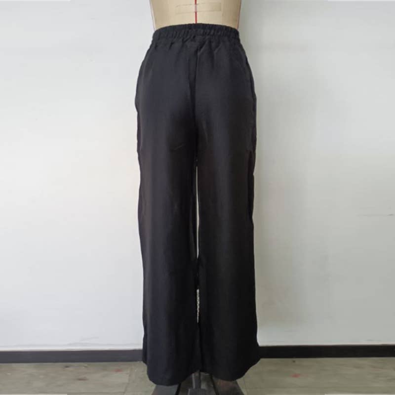 High Waist Elastic Straight Pants with Pockets