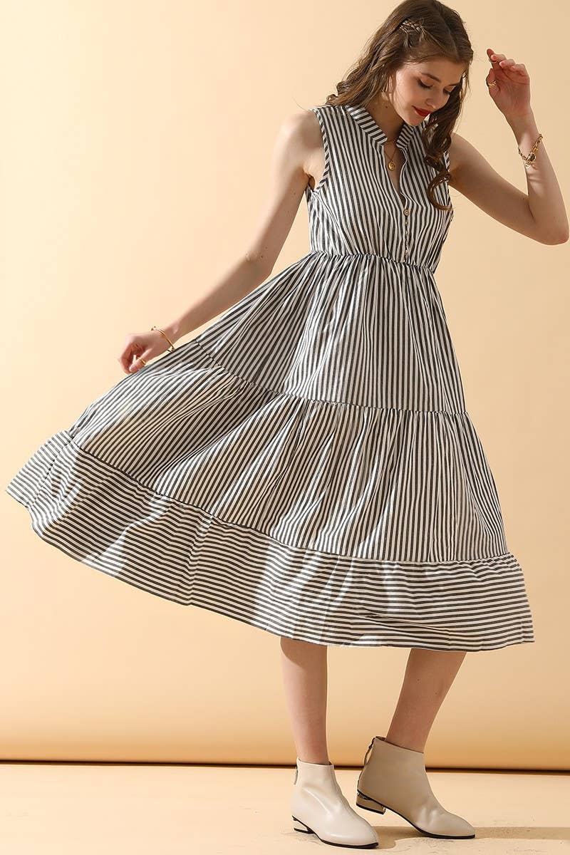 CWDMD821_STRIPE SLEEVELESS SHIRT COLLAR CANCAN DRESS