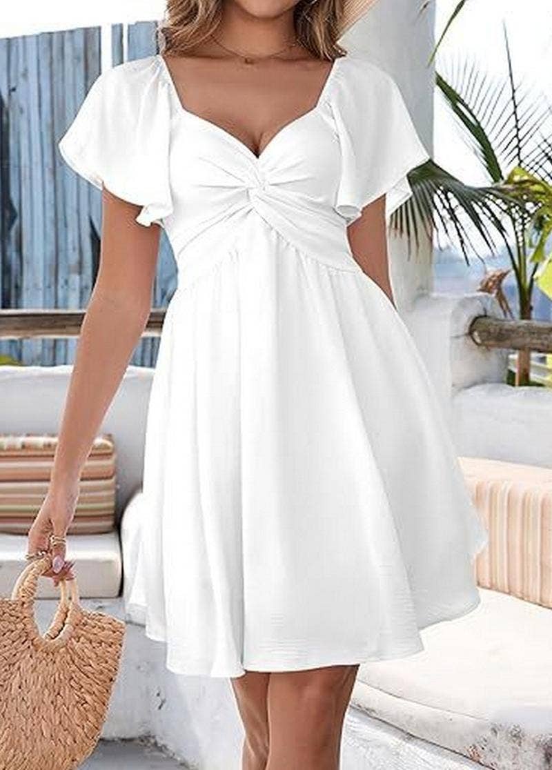 CWDSD10674_V NECK RUCHED WAIST CHIC MINI DRESS