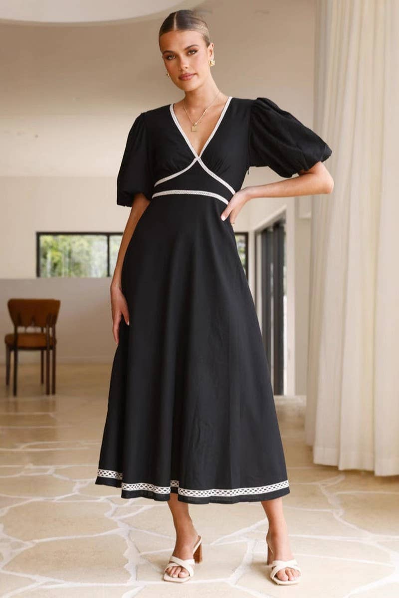 CWDMD5666_V-NECK SOLID LACE PUFF SLEEVE WAIST MAXI DRESS