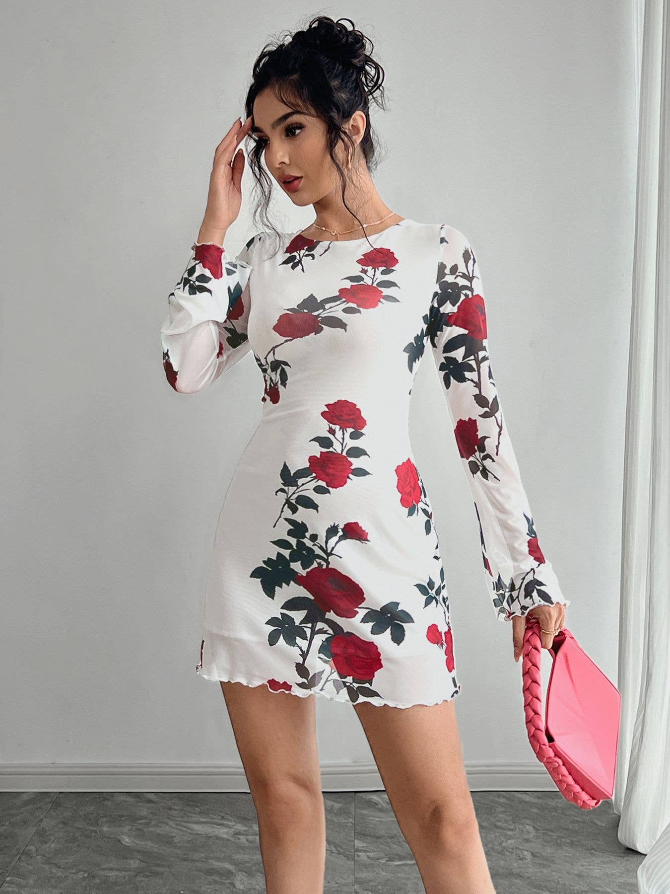 Sexy floral backless tulle flared sleeve dress