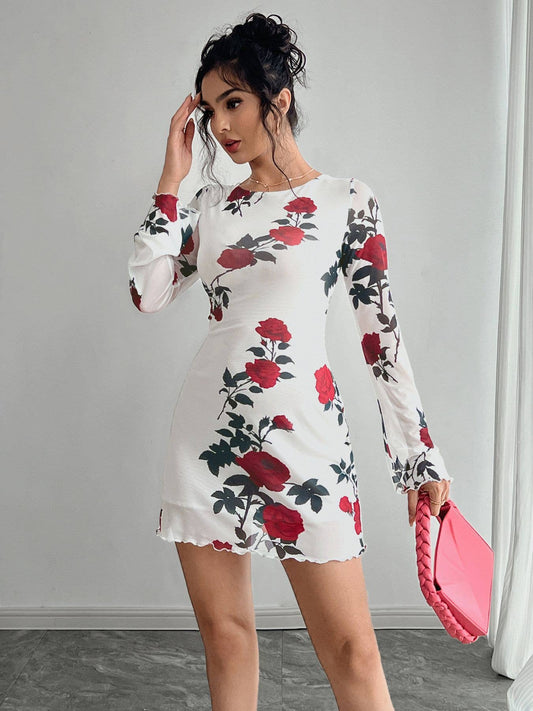 Sexy floral backless tulle flared sleeve dress