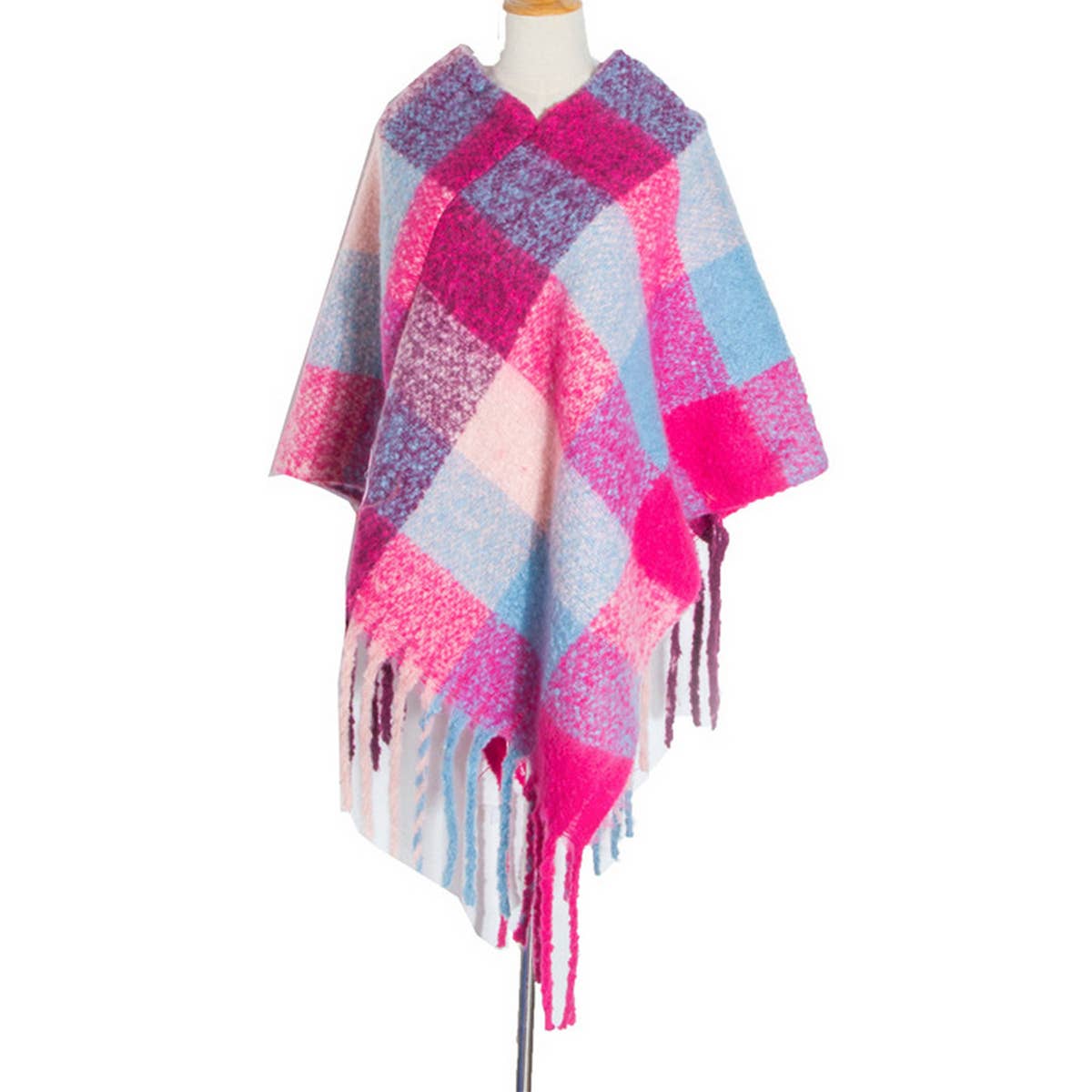BOUCLE YARN THICK TASSEL COLORFUL PLAID SHAWL_CWASC1208