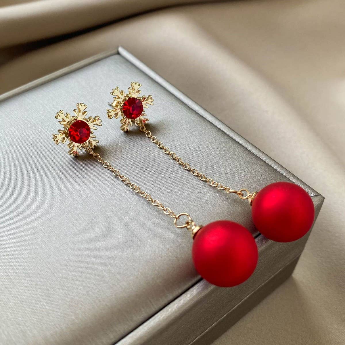 CHRISTMAS SNOWFLAKE RED PEARL EARRINGS