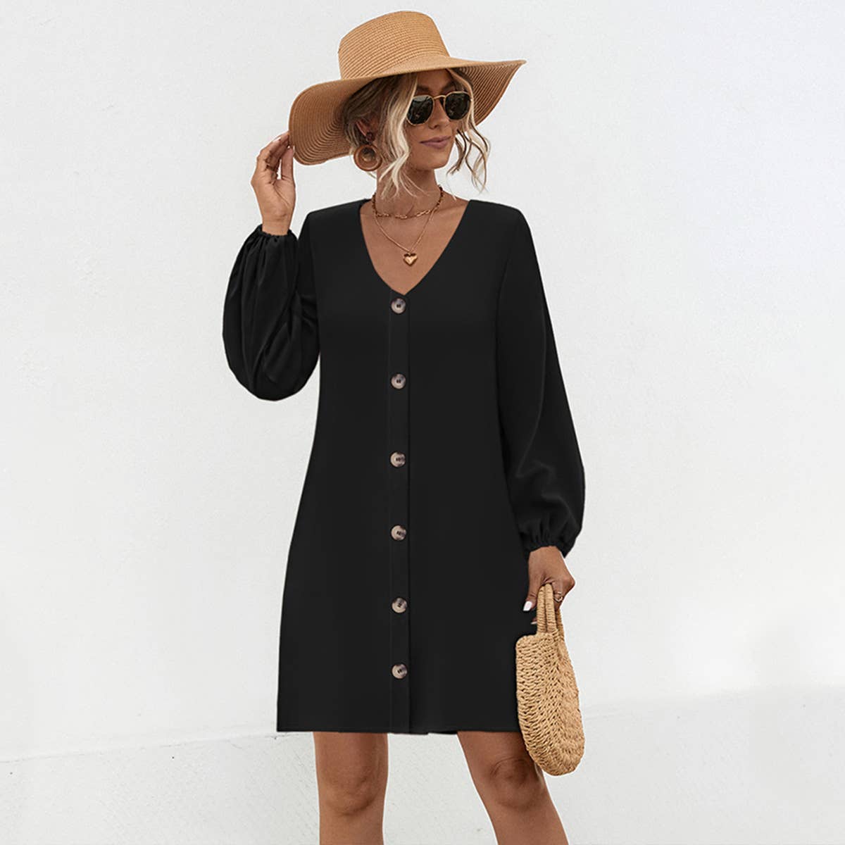 V-NECK SOLID COLOR LANTERN SLEEVE DRESS