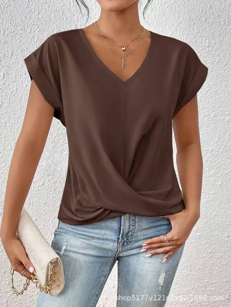 Elegant short-sleeved solid-color V-neck T-shirt