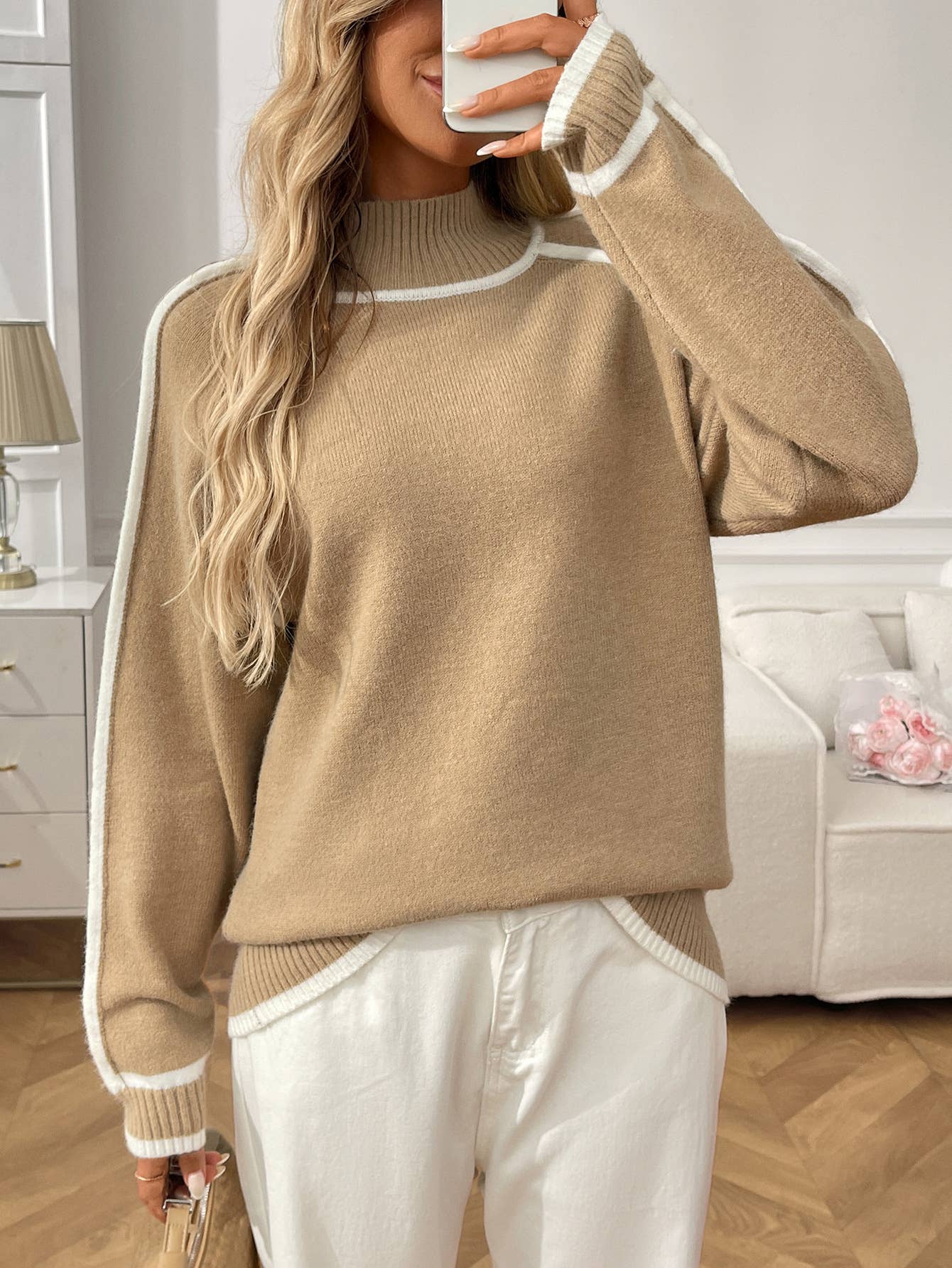 Semi-high-neck laid-back color-blocking sweater