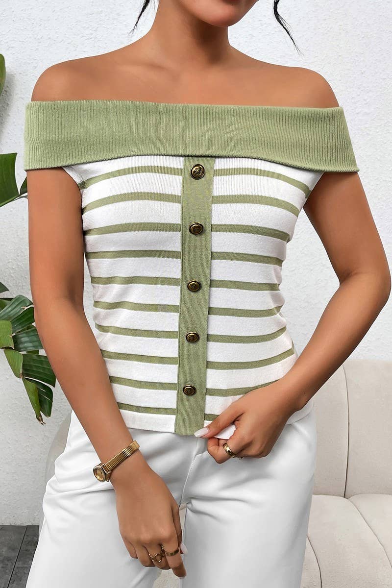STRIPED OFF THE SHOULDER LINE NECK SWEATER_CWOSWS0056