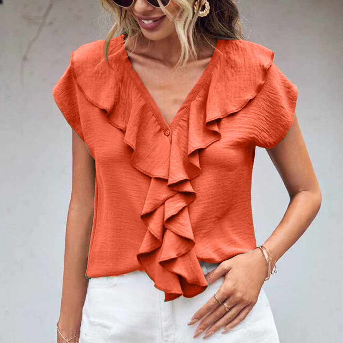 V-NECK RUFFLED CARDIGAN LOOSE CASUAL SHIRT