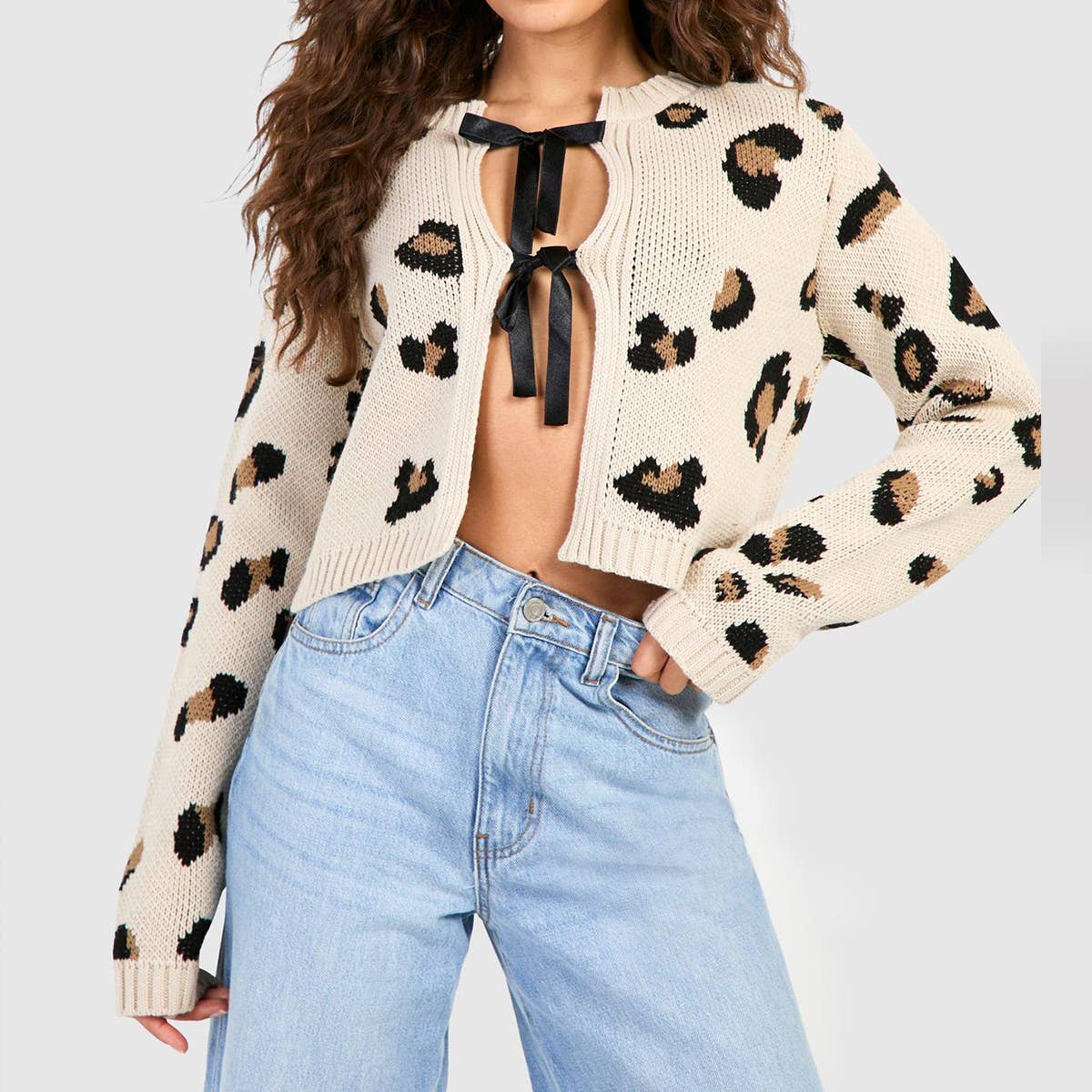 Sexy long-sleeved leopard print laced cardigan