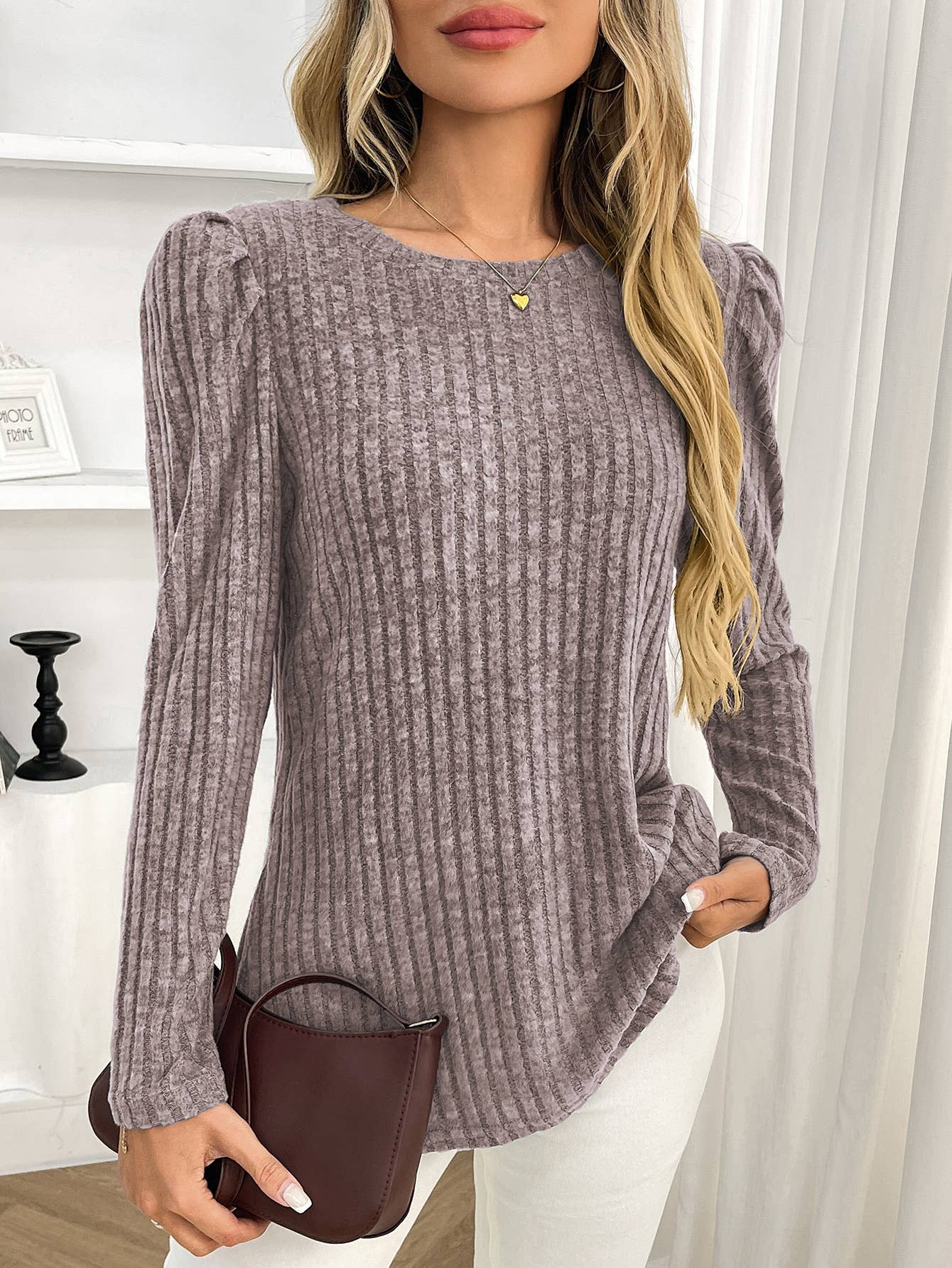 Round-neck puffed-sleeve brushed striped T-shirt