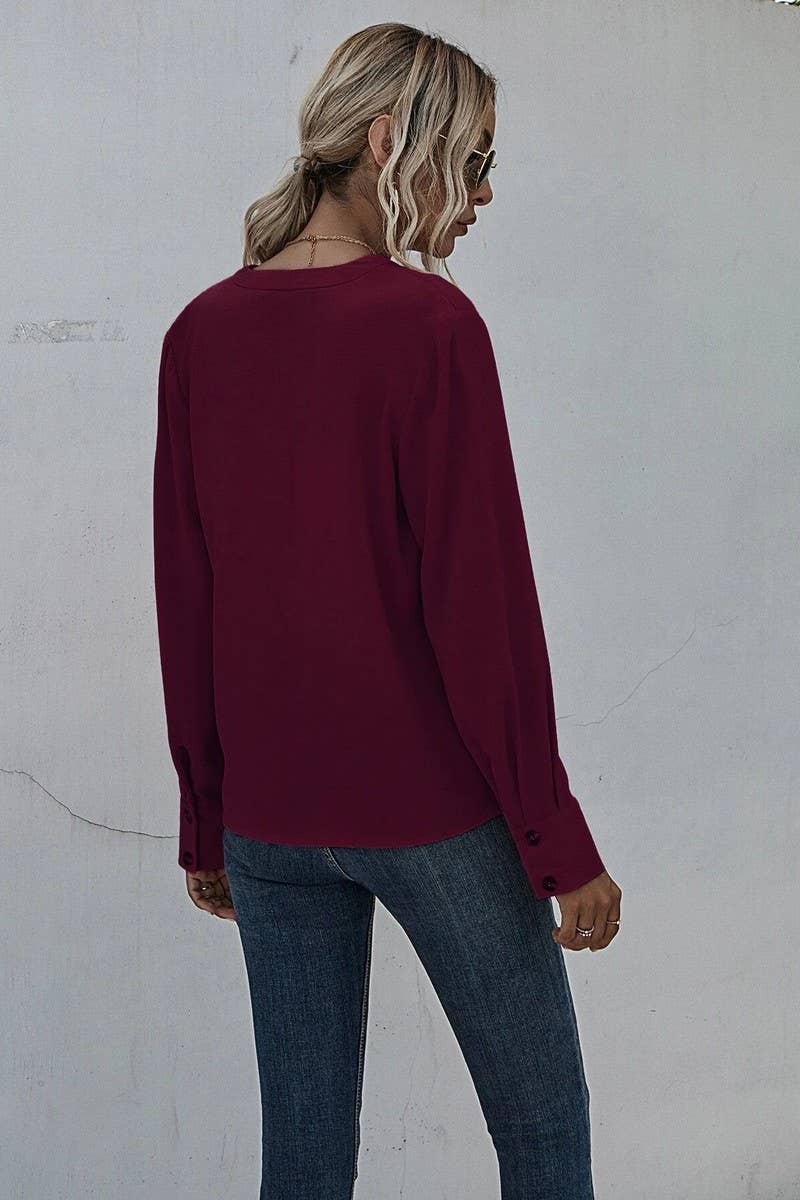 V NECK LONG SLEEVED PLEATED PULLOVER SHIRT_CWTSTL0695