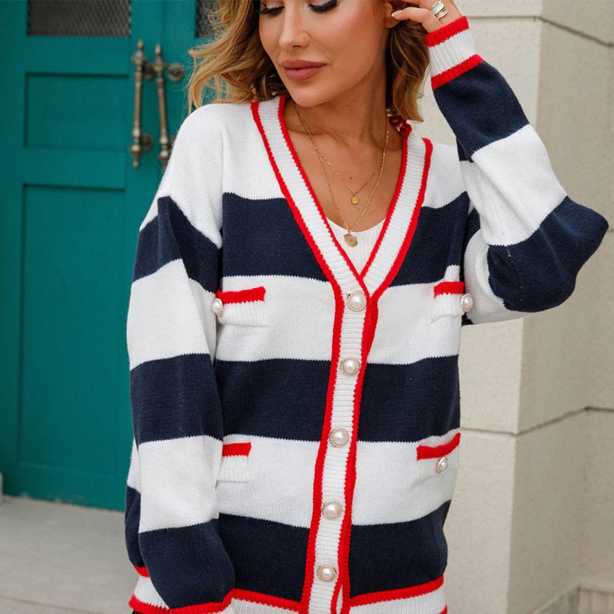 V-neck patchwork loose knit cardigan