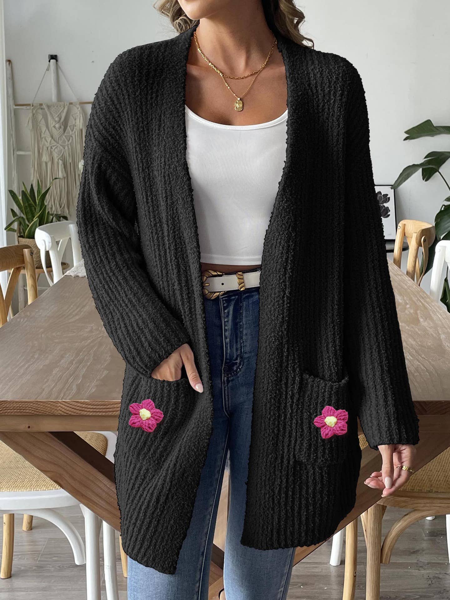 Woven hand-crocheted double pocket casual sweater jacket