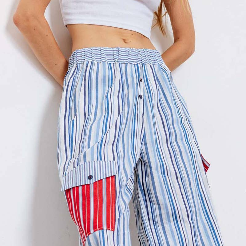 Plaid patchwork striped elastic-waist pants