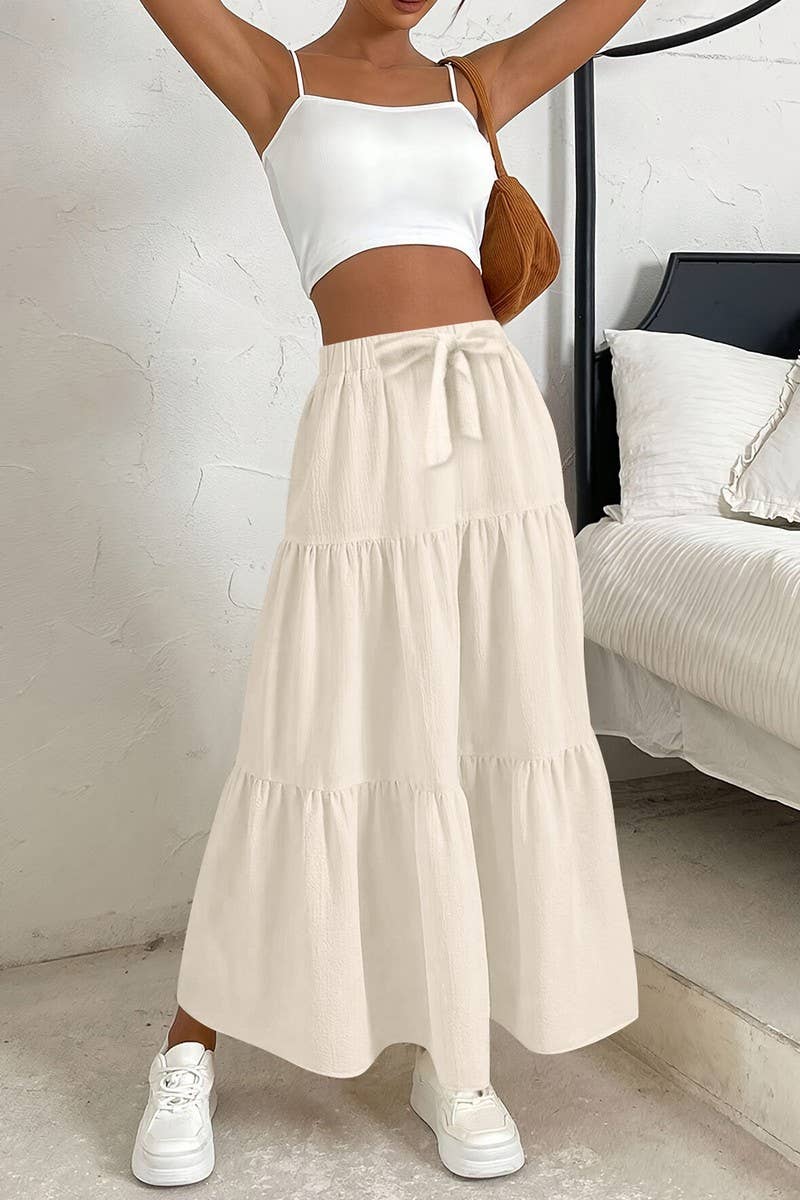 CWBLS0559_BOW WAIST TIERED SOLID MIDI SKIRT