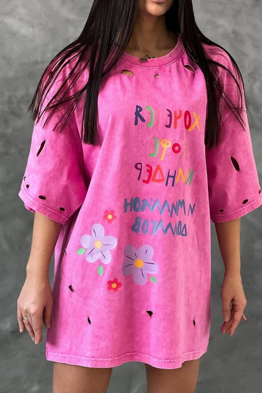 Cwtts1282_Letter Print Ripped Short Sleeve T-Shirt