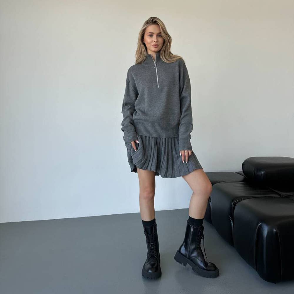 Two-piece knitted sweater and short skirt set