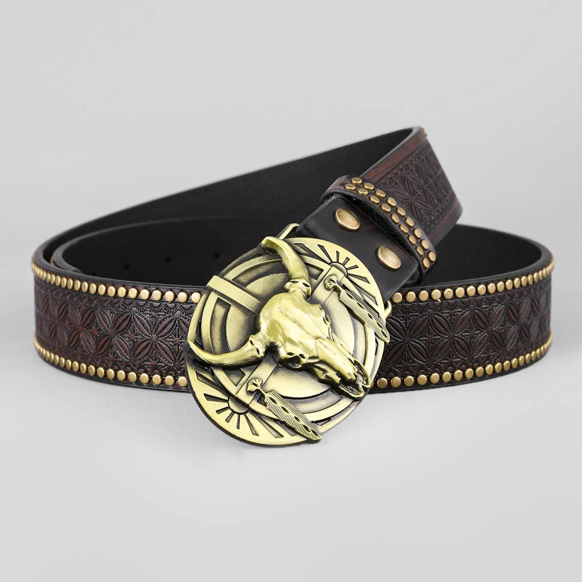 WESTERN LEATHER BELT WITH BULL HEAD BUCKLE RIVET _CWABE0415