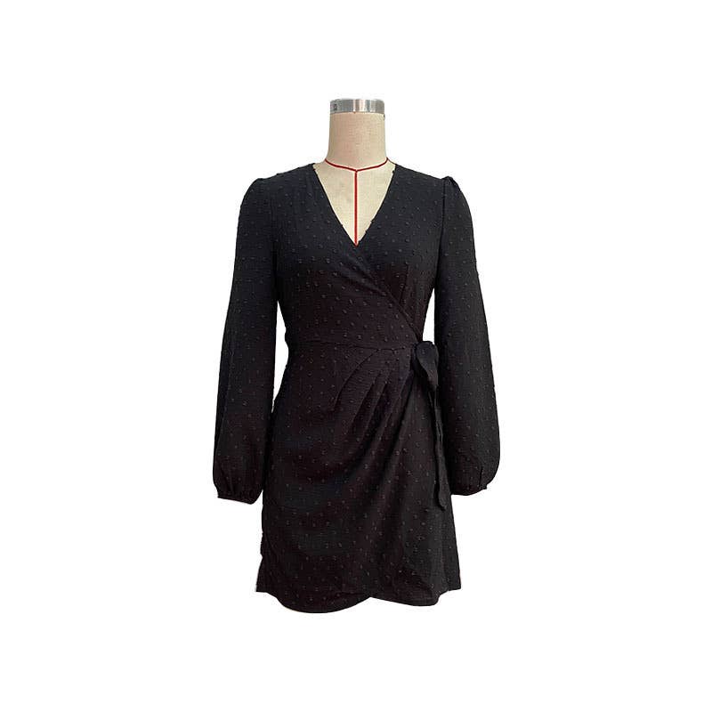 JACQUARD LONG-SLEEVED STYLE ONE-PIECE SHORT DRESS