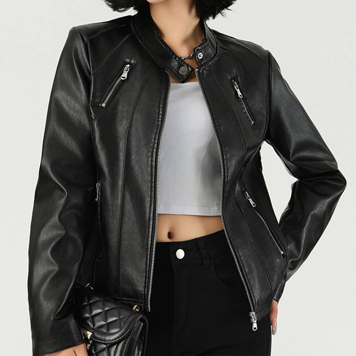 Slim Fit PU Leather Jacket??œFall Fashion for Women_CWMM9008