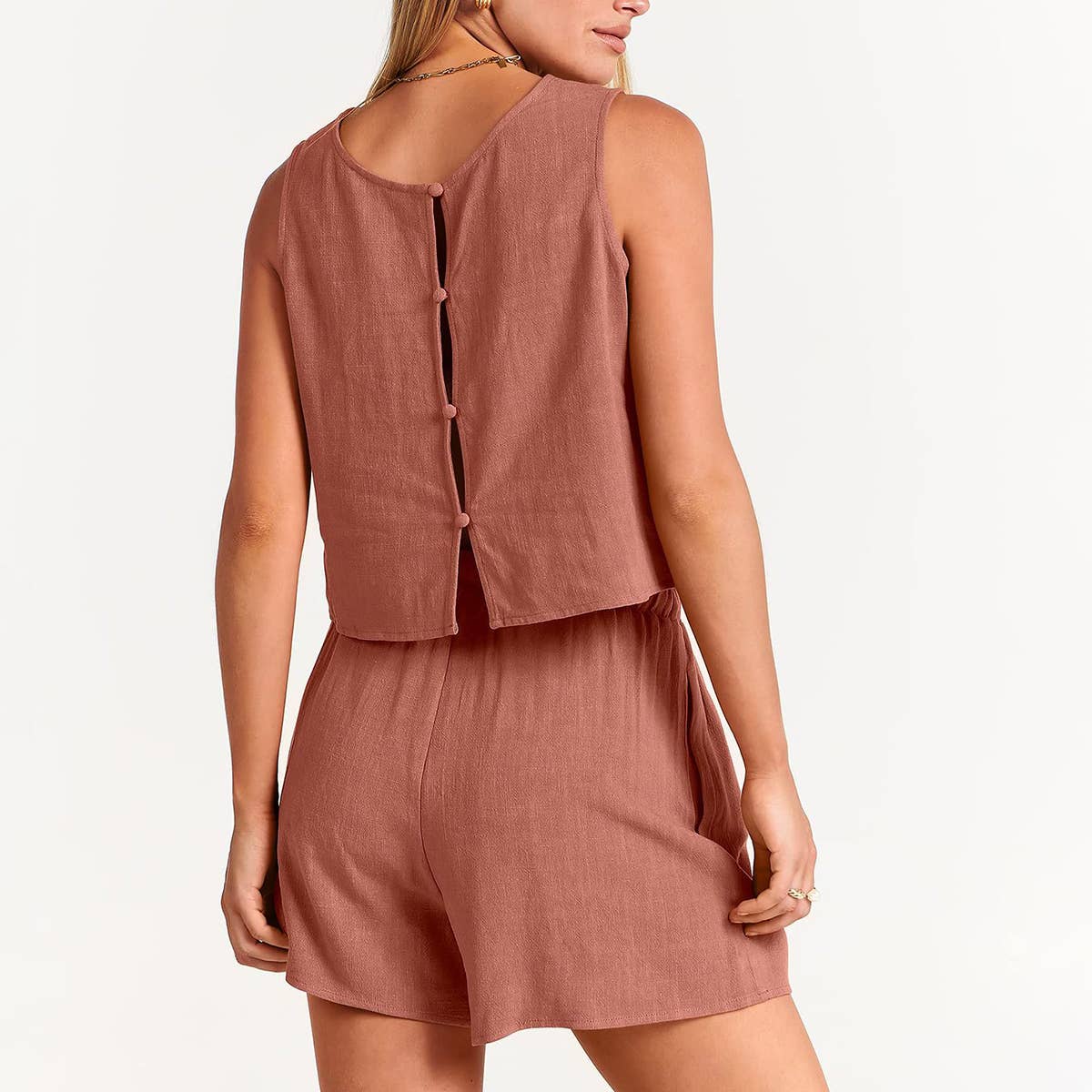 STYLISH SLEEVELESS BLOUSE SHORTS TWO PIECE SET_CWSTB0495