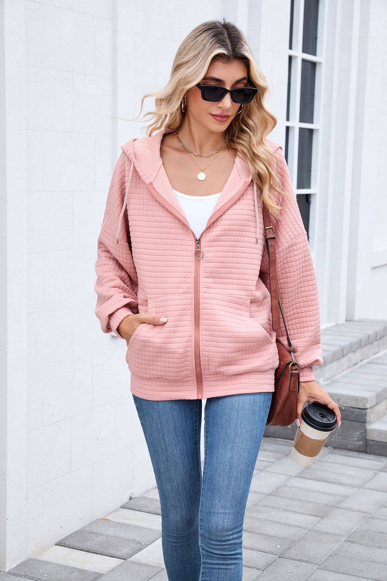 Solid-color zipper long-sleeved hooded jacket