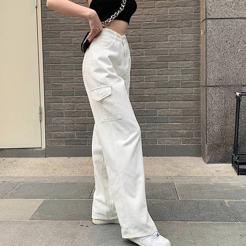 Casual loose multi-pocket wide-leg jeans