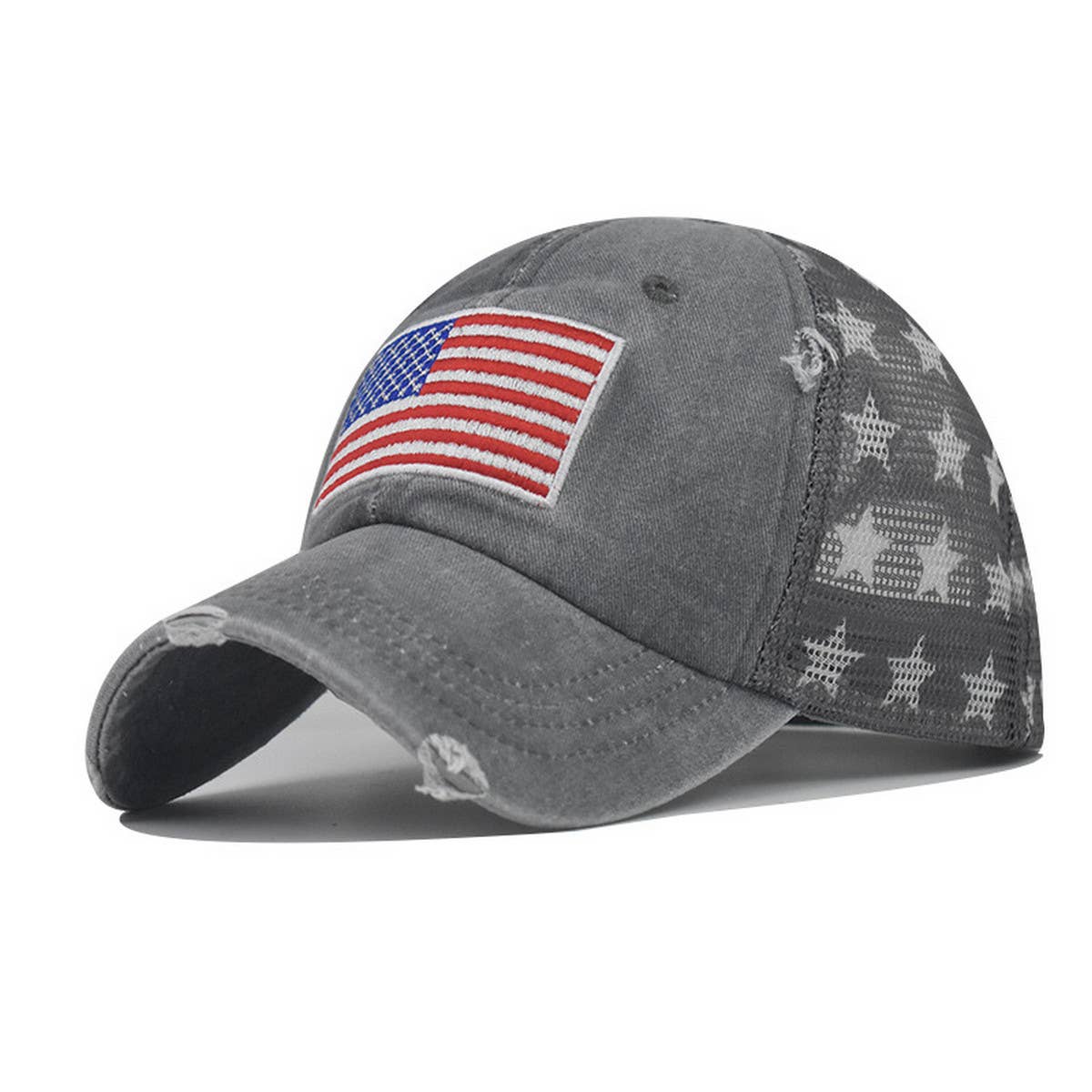 Washed Cotton Distressed Star US Flag Ponytail Cap CWAH1379