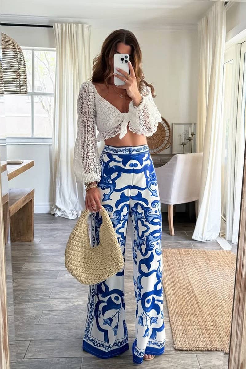 CWBLP887_BLUE AND WHITE PORCELAIN PRINT WIDE-LEG PANTS