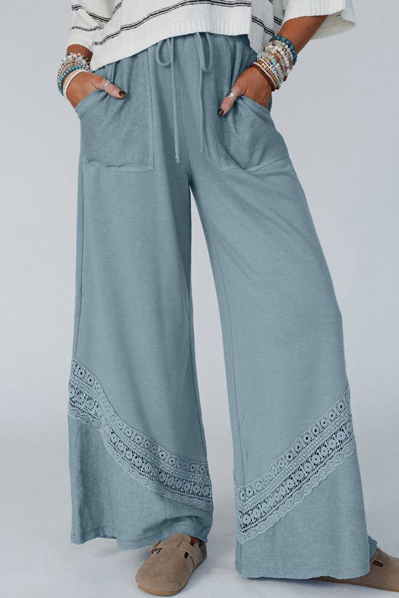 SOLID HIGH-WAISTED LACE CROCHET WIDE-LEG PANTS