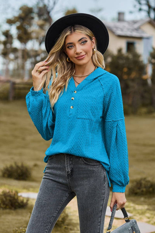 CWOHOL0738_BALLOON SLEEVE HOODED BUTTON LOOSE SWEATSHIRT