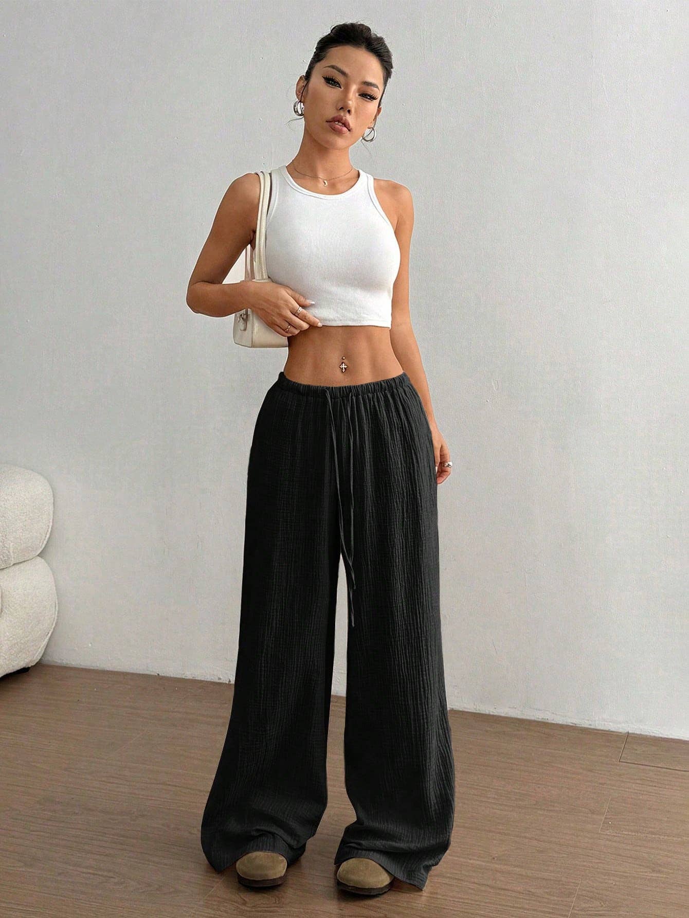 Pure cotton pure color easy wide-legged pants