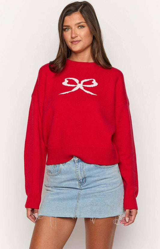 SOLID COLOR PULLOVER WITH JACQUARD BOW ROUND NECK