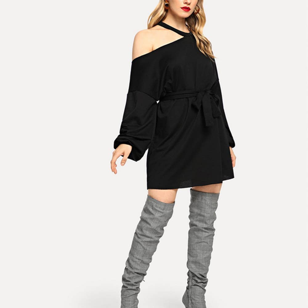LACE-UP ROUND NECK SEXY SLANT SHOULDER DRESS