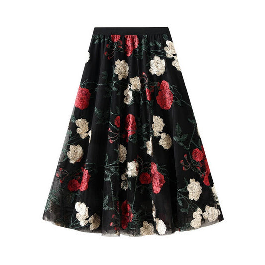Vintage Floral Embroidered Tulle Midi Skirt