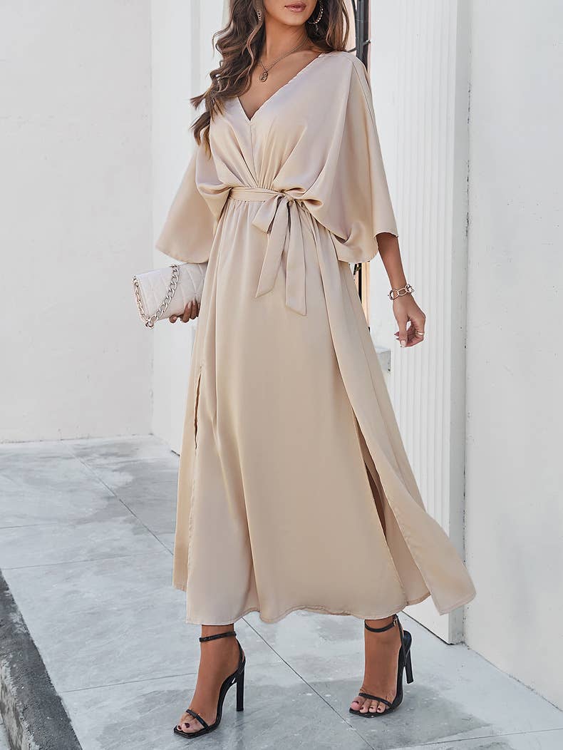 Elegant V-Neck High-Waist Loose Split Maxi Dress