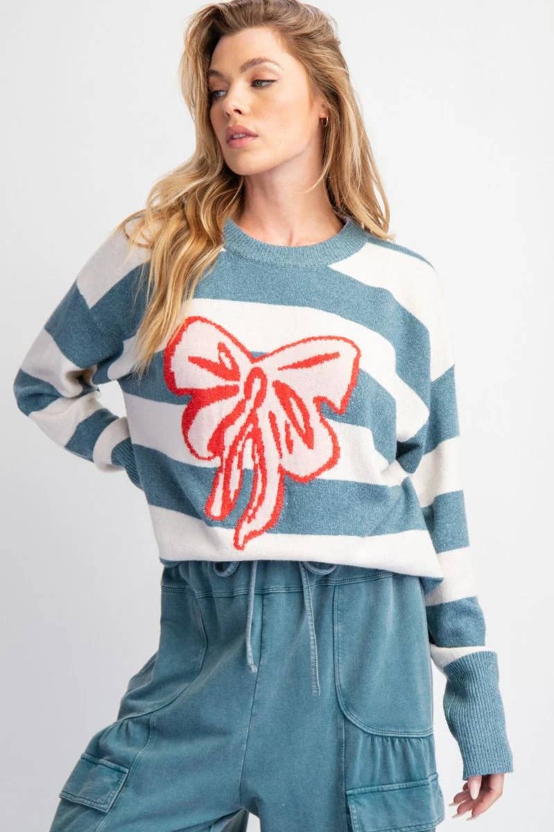 Round-neck,two-color long-sleeved bow sweater