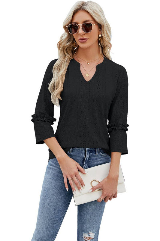 Cwtts0763_3/4 Sleeve Ruffle Detailed V-Neck  Blouse