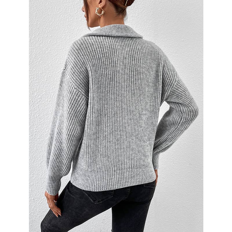 SOLID COLOR LOOSE CASUAL POLO NECK ZIP-UP SWEATER