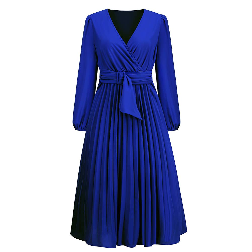 Long Sleeve Fit Pleated Waist Belt V-neck Dress