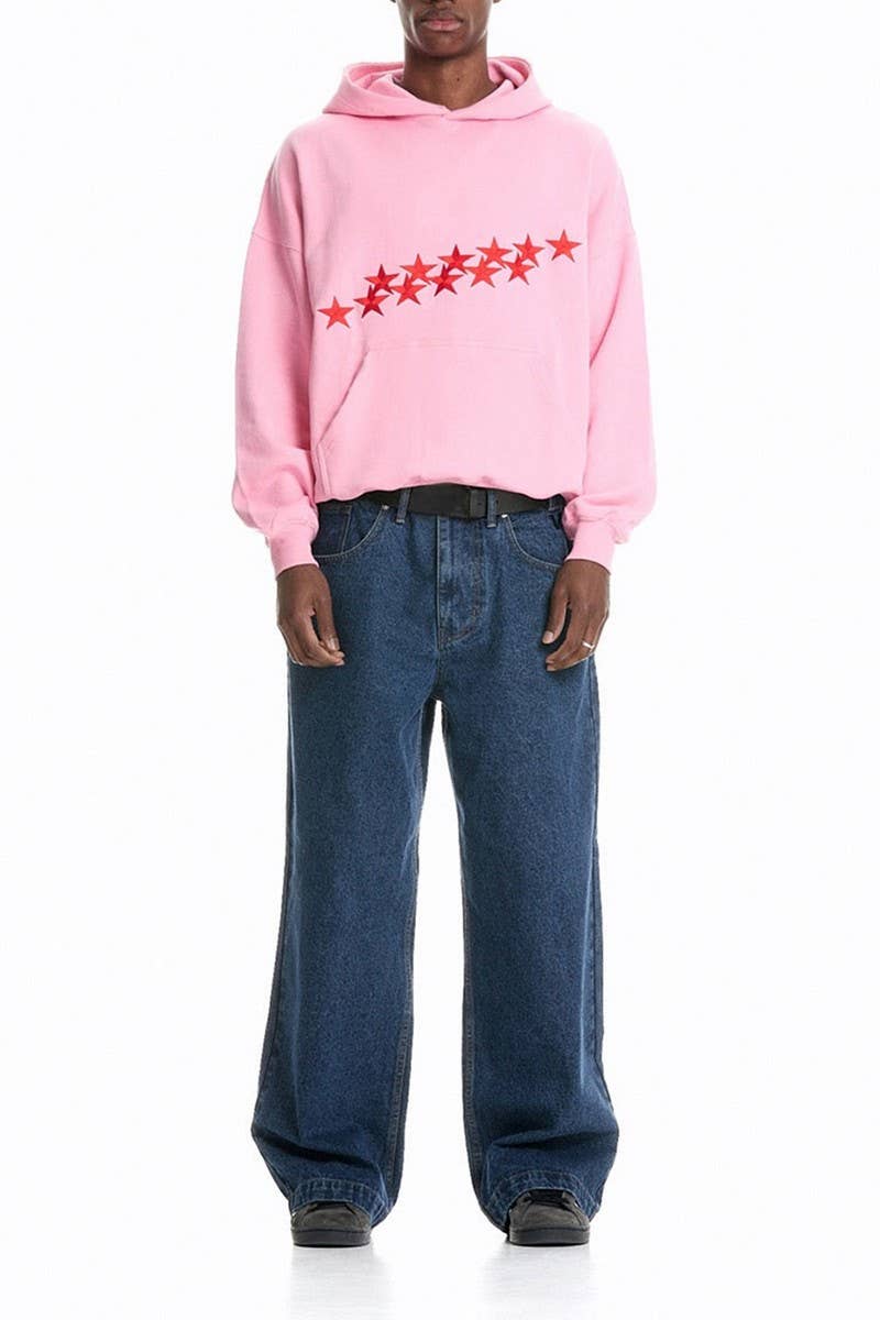 CWOHOL1115_STAR LETTER EMBROIDERED STREETWEAR UNISEX HOODIE