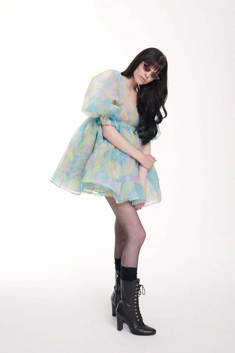 CWDSD8135_SWEET FLORAL TIERED MESH PUFF DRESS