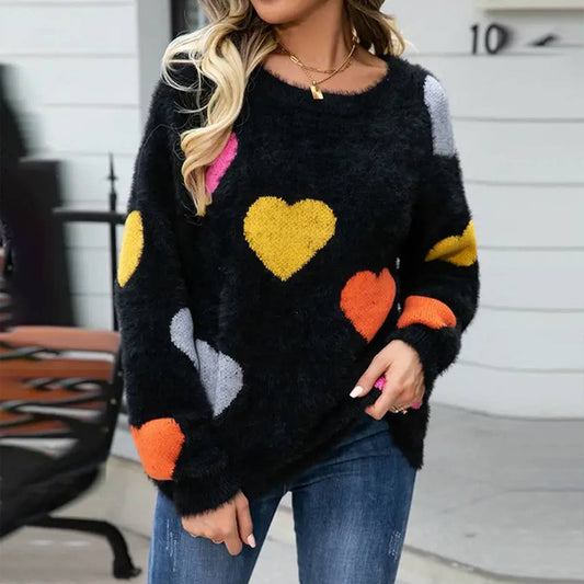 WOMEN ROUND NECK LOVE PATTERNED SOFT SWEATER_CWOSWL1446